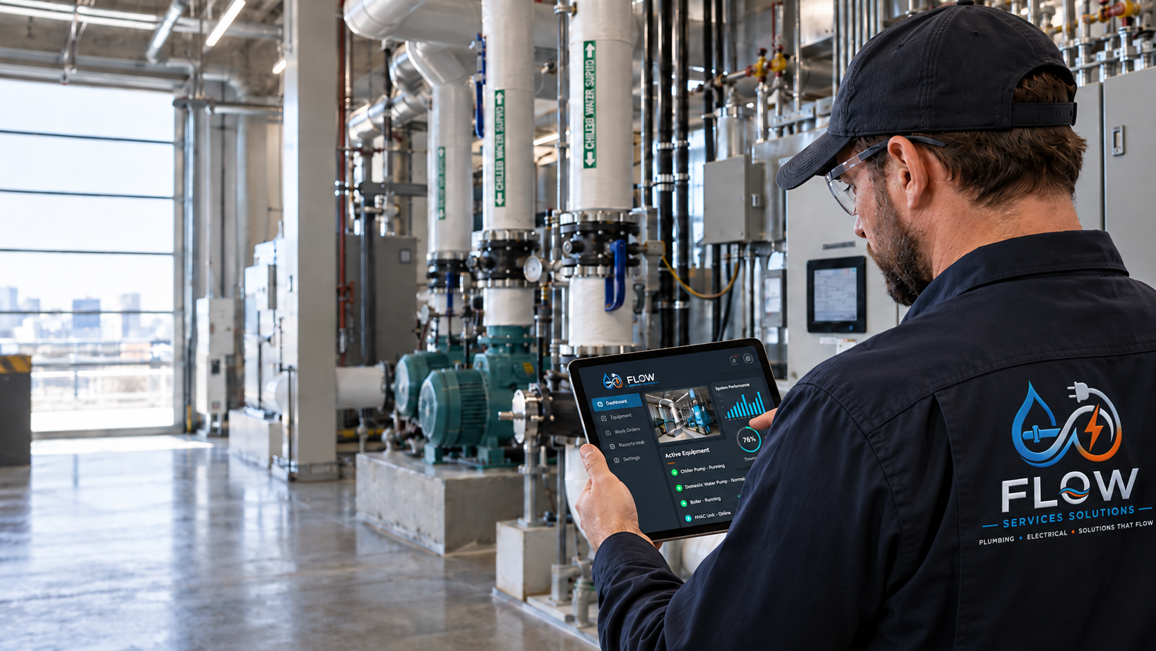 Flow technician checking a building's mechanical systems on a tablet